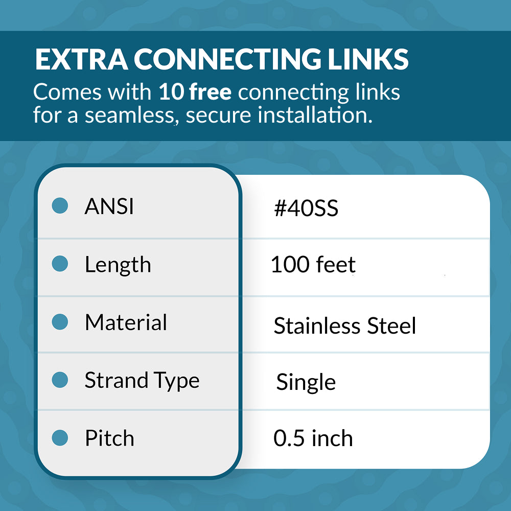 #40 Stainless Steel Roller Chain x 100 Feet + 10 Free Connecting Links
