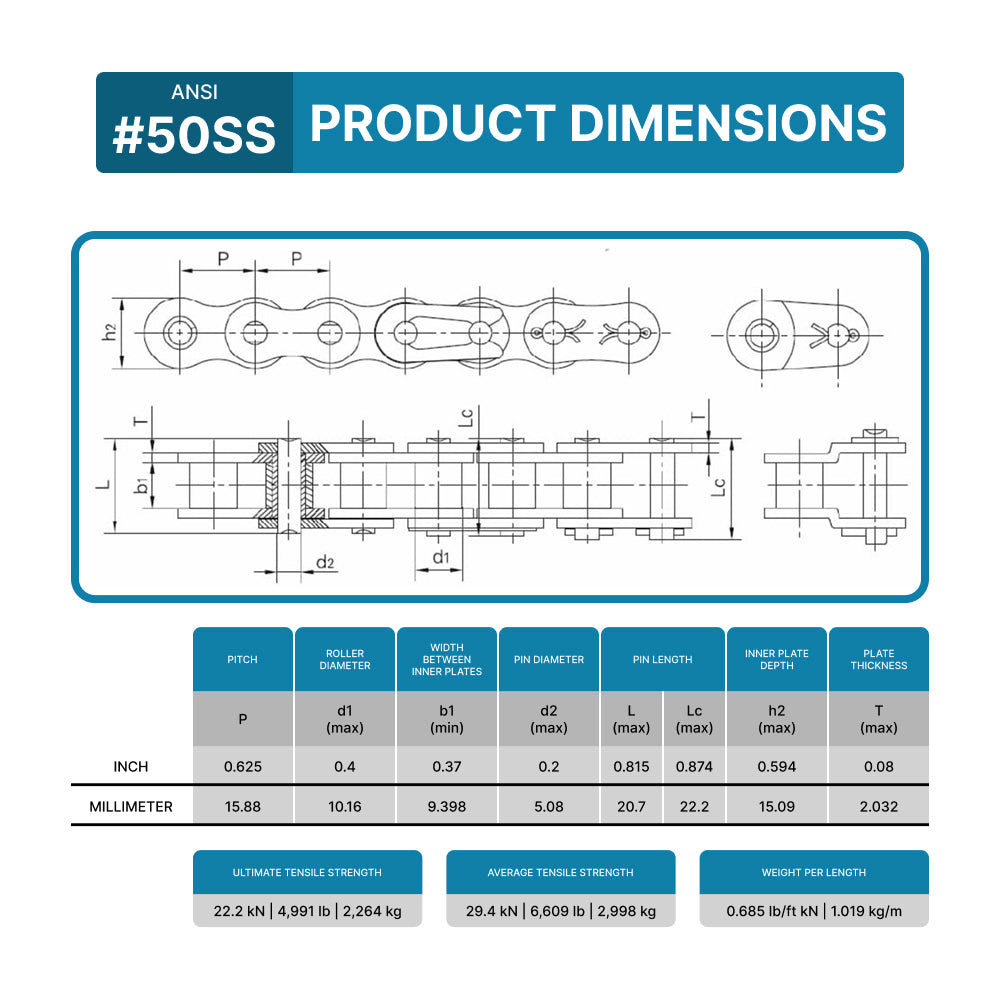 #50SS Stainless Steel Roller Chain - 50 Feet + 5 Free Connecting Links