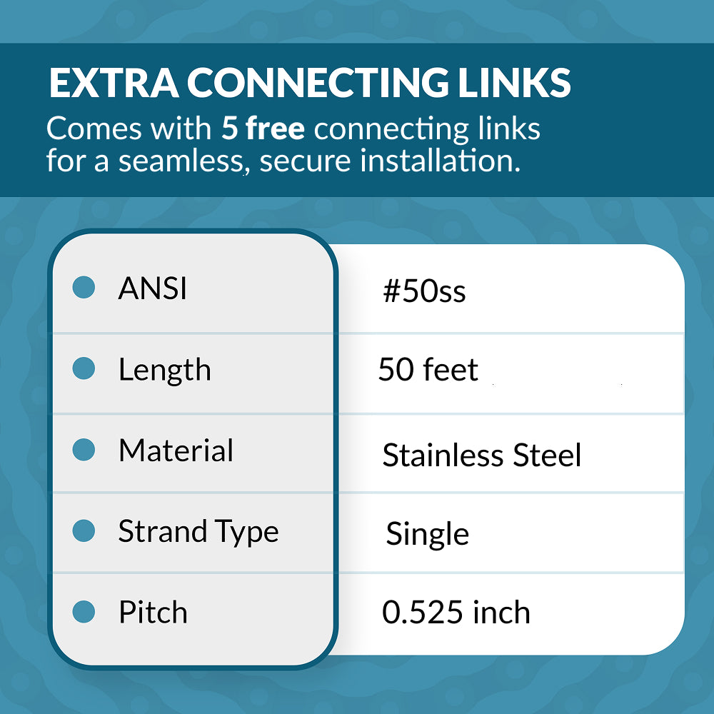 #50SS Stainless Steel Roller Chain - 50 Feet + 5 Free Connecting Links