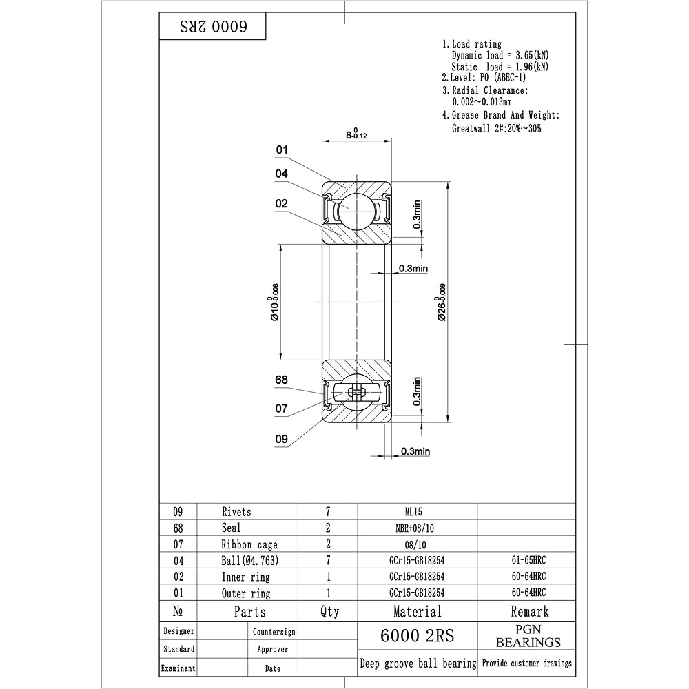 6000-2RS Ball Bearing - C3 Clearance - 10x26x8