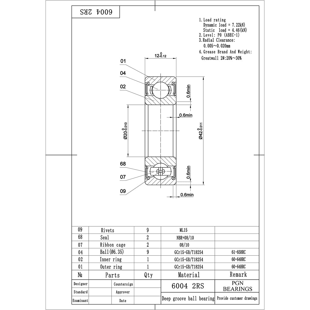 6004-2RS Ball Bearing - C3 Clearance - 20x42x12