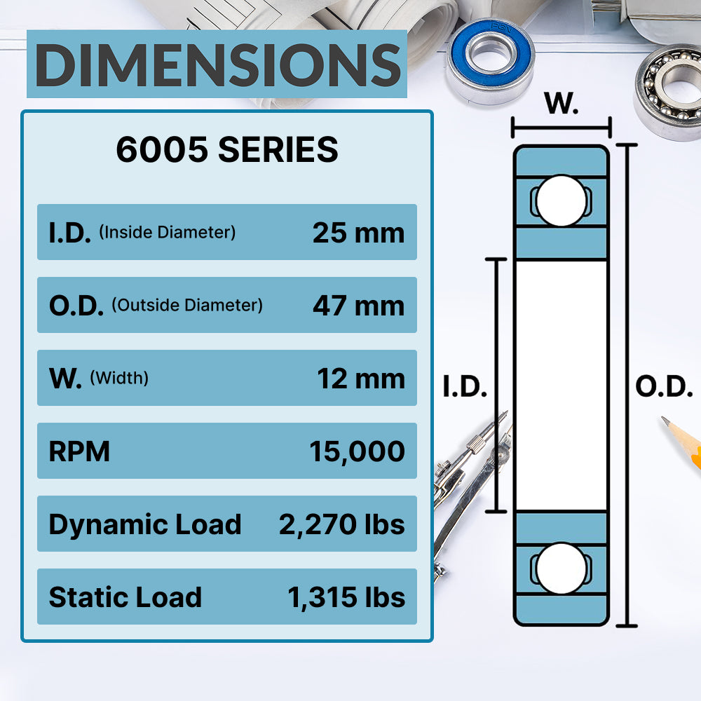 6005-2RS Ball Bearing - C3 Clearance - 25x47x12