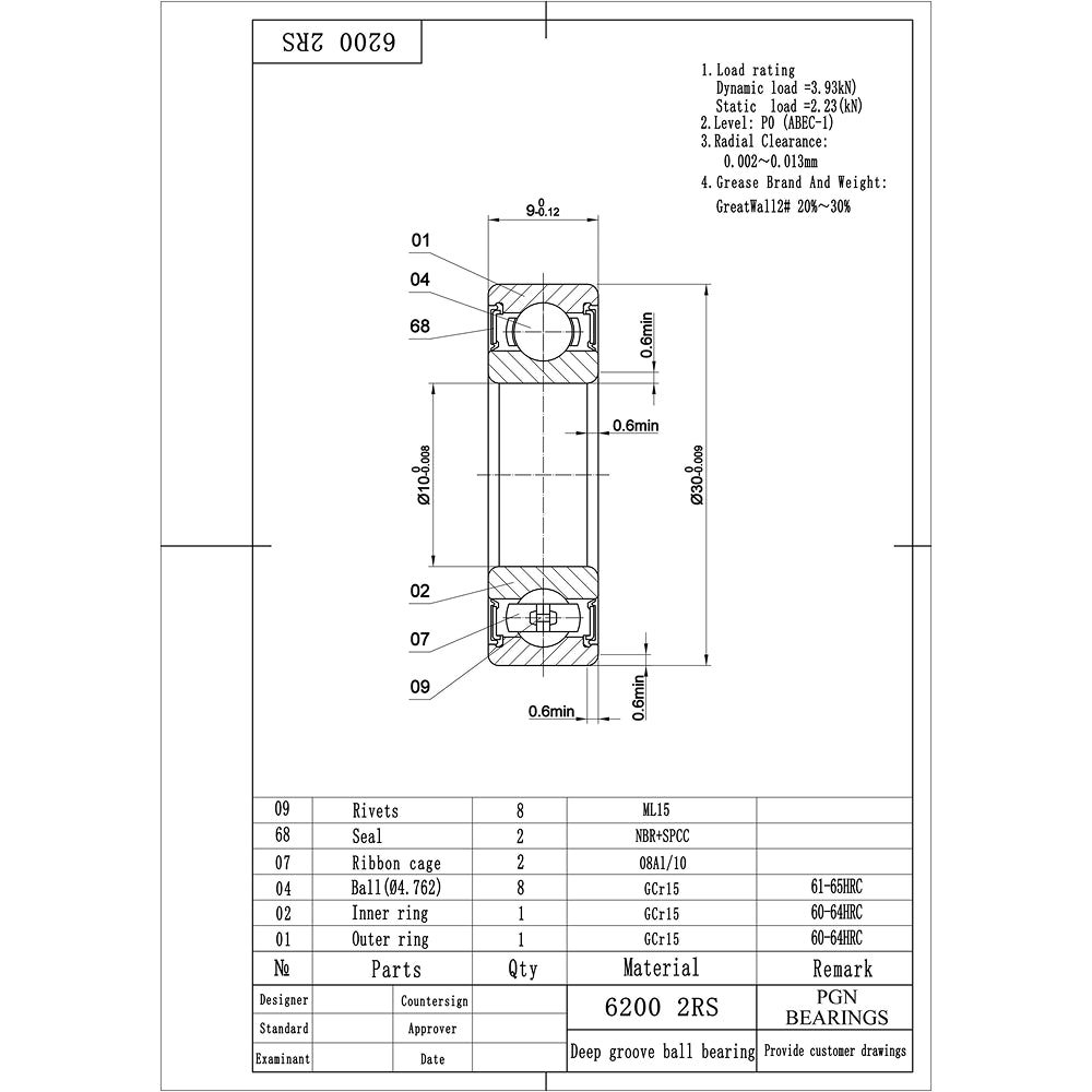 6200-2RS Ball Bearing - C3 Clearance - 10x30x9