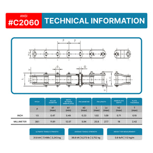 C2060 Conveyor Roller Chain x 10 Feet + 2 Connecting Links
