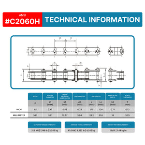 C2060H Heavy Duty Conveyor Roller Chain x 10 Feet + 2 Connecting Links