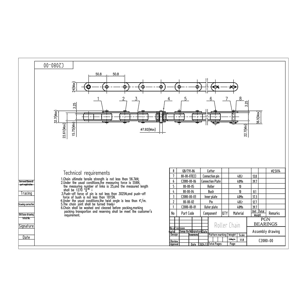 C2080 Conveyor Roller Chain x 10 Feet + 2 Connecting Links