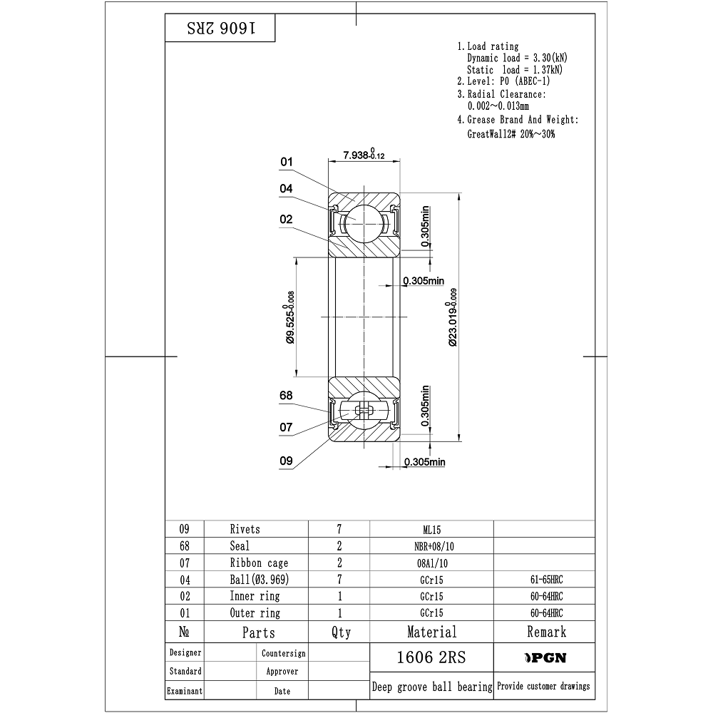 PGN 1606-2RS Bearing - C0 Pre-Lubricated Chrome Steel Sealed Ball Bearing