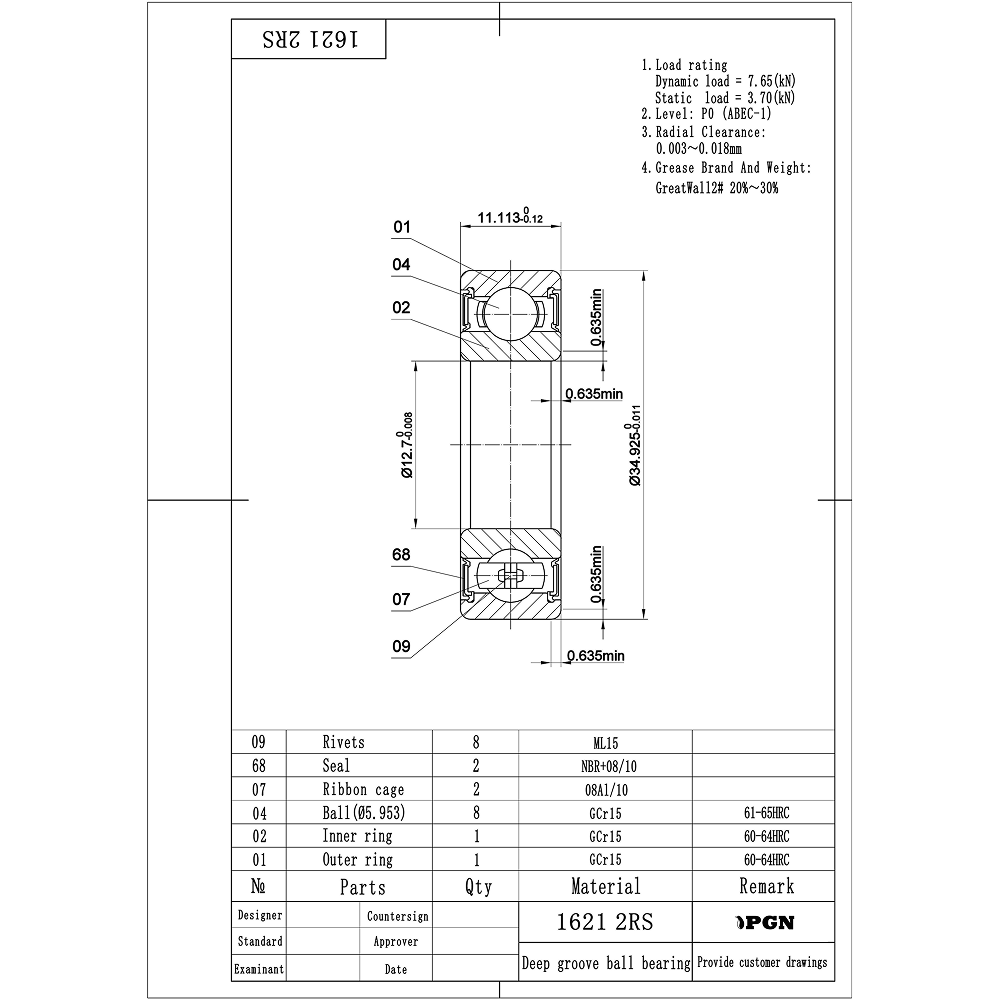 PGN 1621-2RS Bearing - C0 Pre-Lubricated Chrome Steel Sealed Ball Bearing