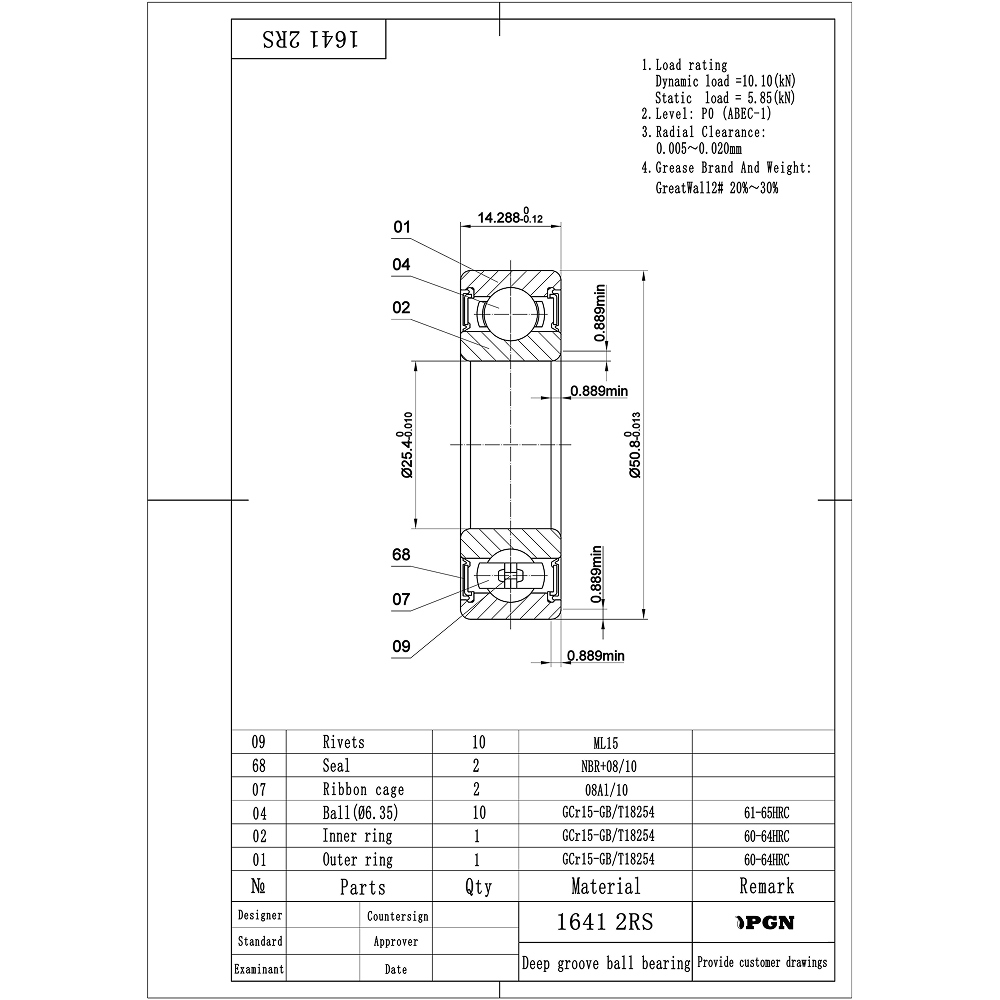 PGN 1641-2RS Bearing - C0 Pre-Lubricated Chrome Steel Sealed Ball Bearing