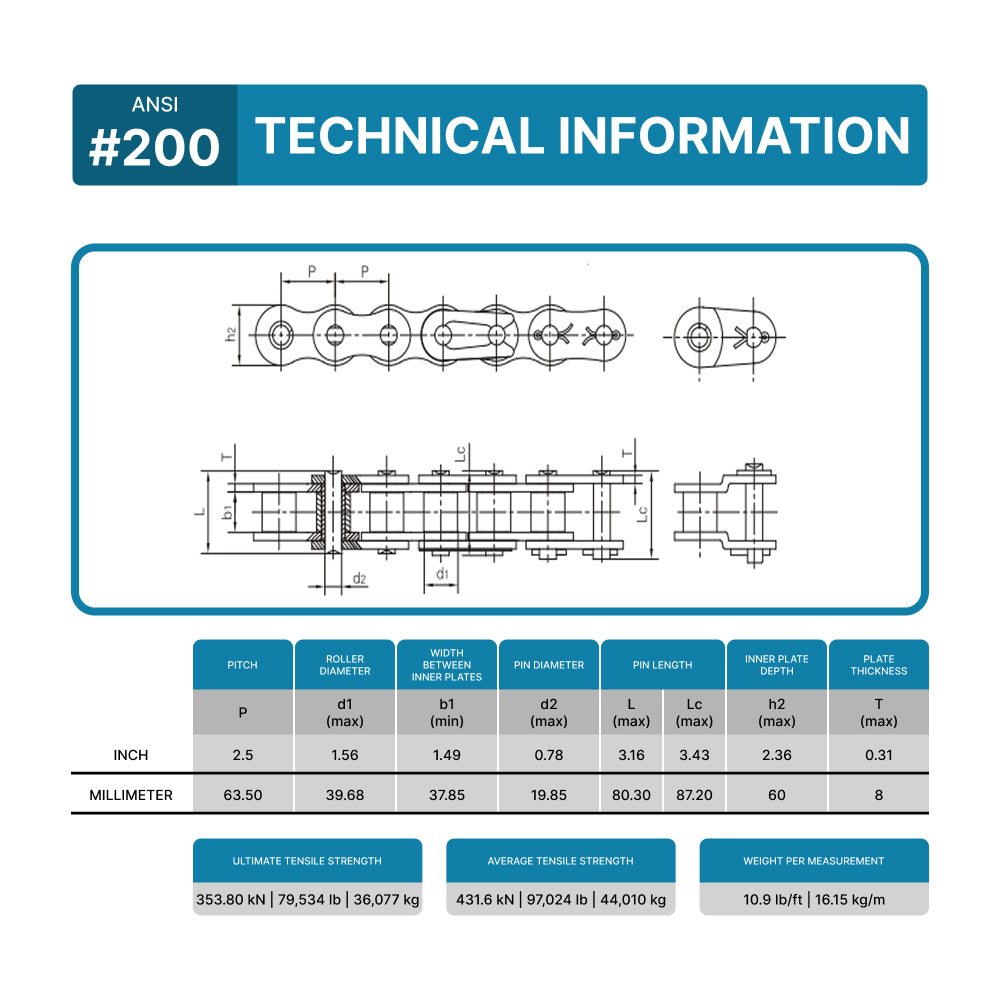 #200H Heavy Duty Roller Chain x 10 Feet + 2 Free Connecting Links