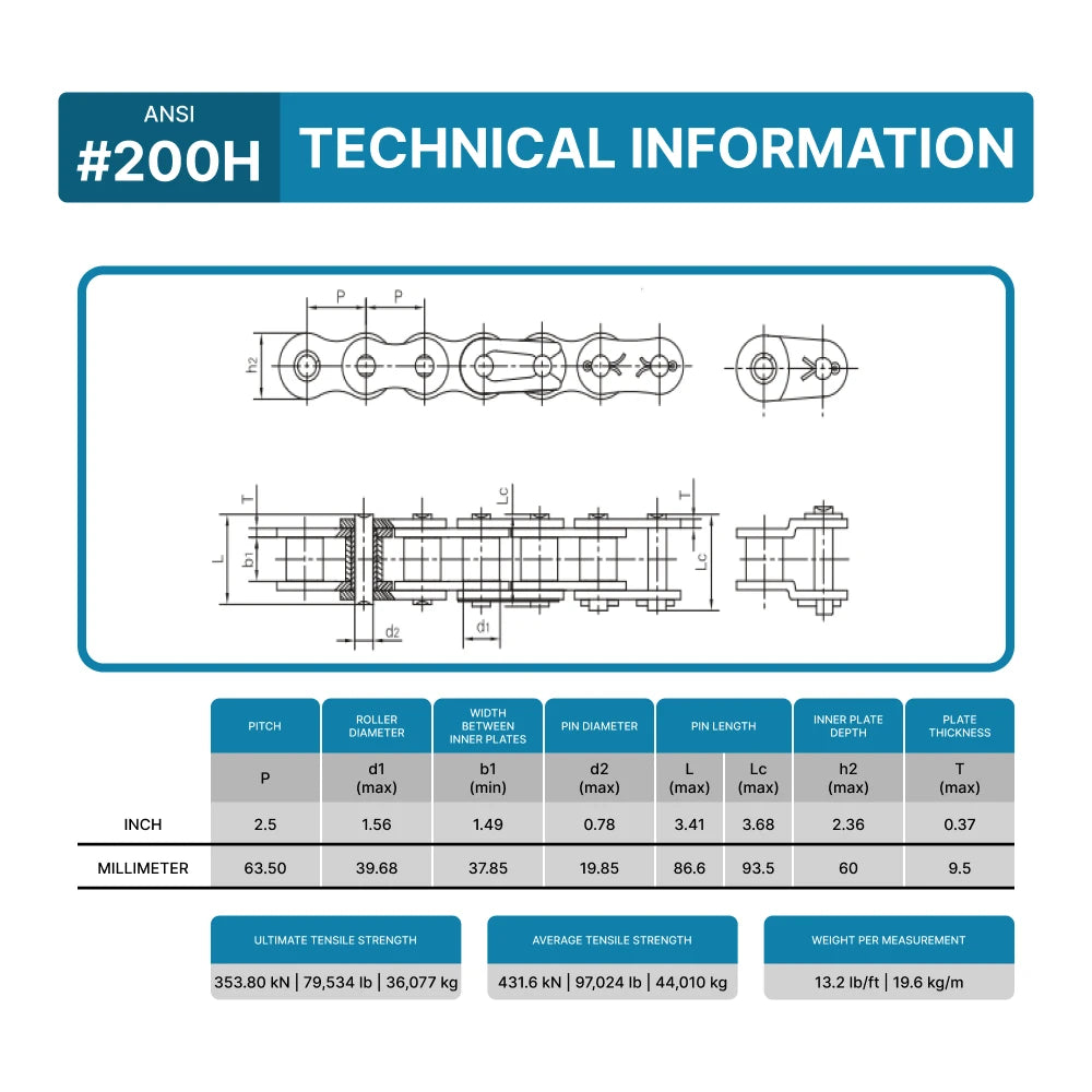 #200H Heavy Duty Roller Chain x 10 Feet + 2 Free Connecting Links