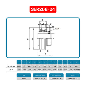 SER208-24 - 1-1/2" Bore - Insert Ball Bearing With Snap Ring and Set Screws - ER24 ER-24 ER208-24