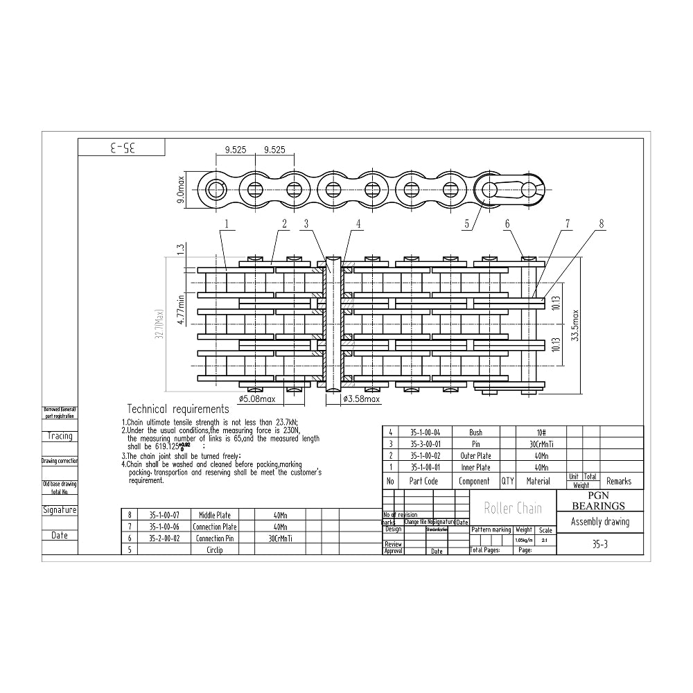#35-3 Triplex Triple Strand Roller Chain x 10 feet + 2 Connecting Links