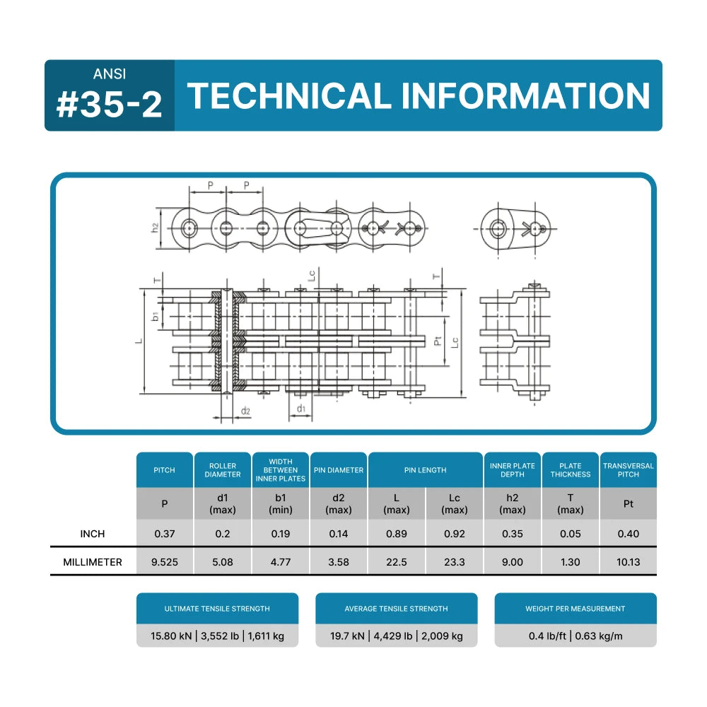 #35-2 Duplex Double Strand Roller Chain x 10 feet + 1 Connecting Links