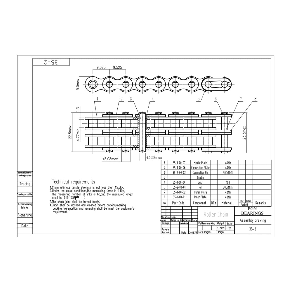 #35-2 Duplex Double Strand Roller Chain x 10 feet + 1 Connecting Links