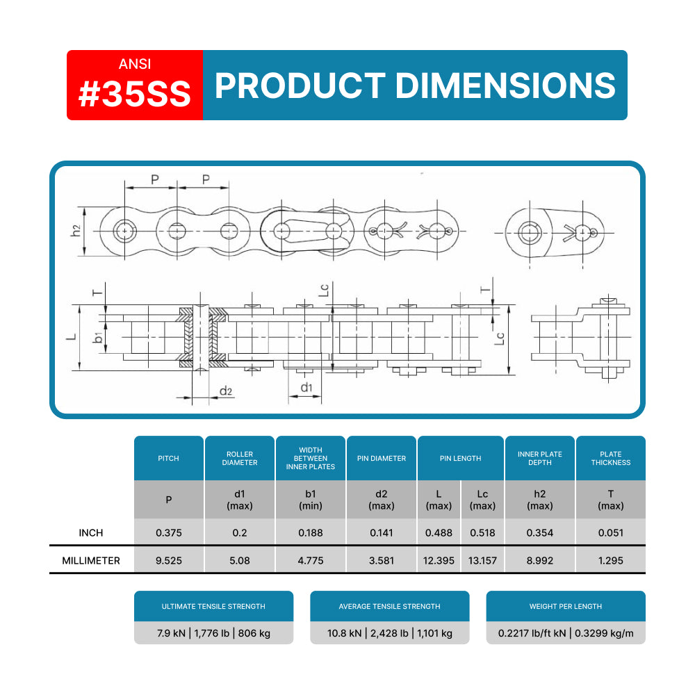 #35SS Stainless Steel Roller Chain x 10 feet + 2 Free Connecting Links