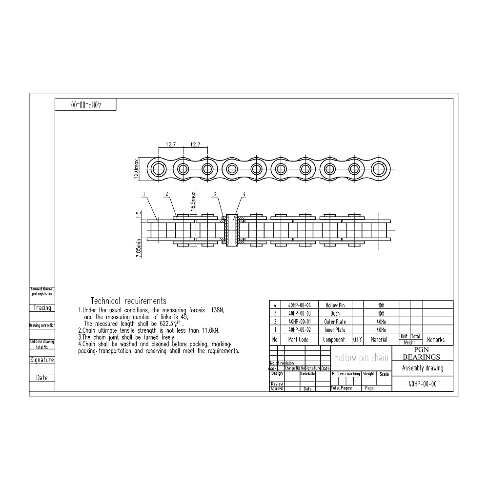 #40HP Hollow Pin Roller Chain x 10 feet + 2 Connecting Link