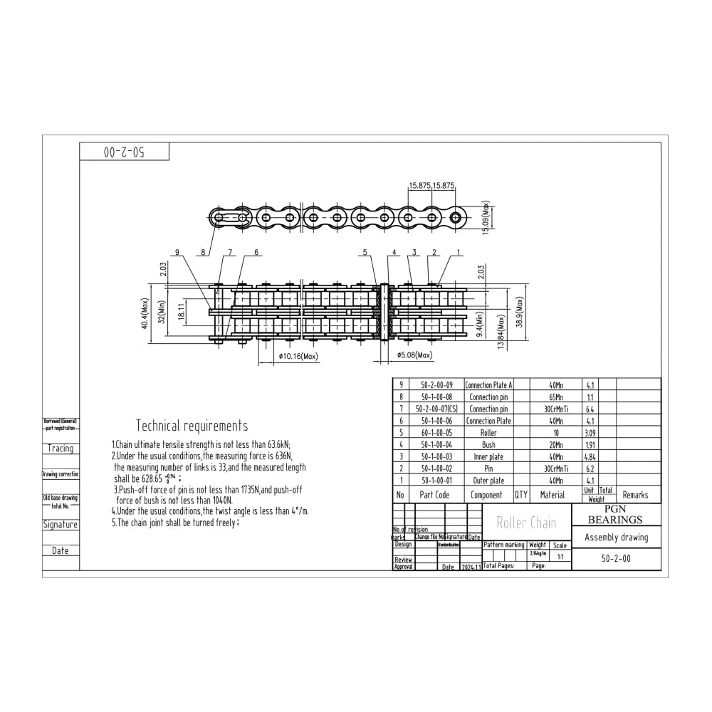 #50-2 Duplex Double Strand Roller Chain x 10 feet + 2 Connecting Links