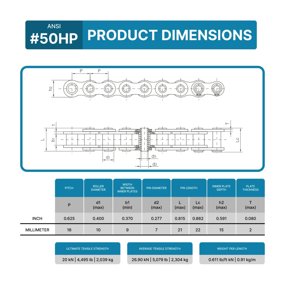 #50HP Hollow Pin Roller Chain x 10 feet + 2 Connecting Link