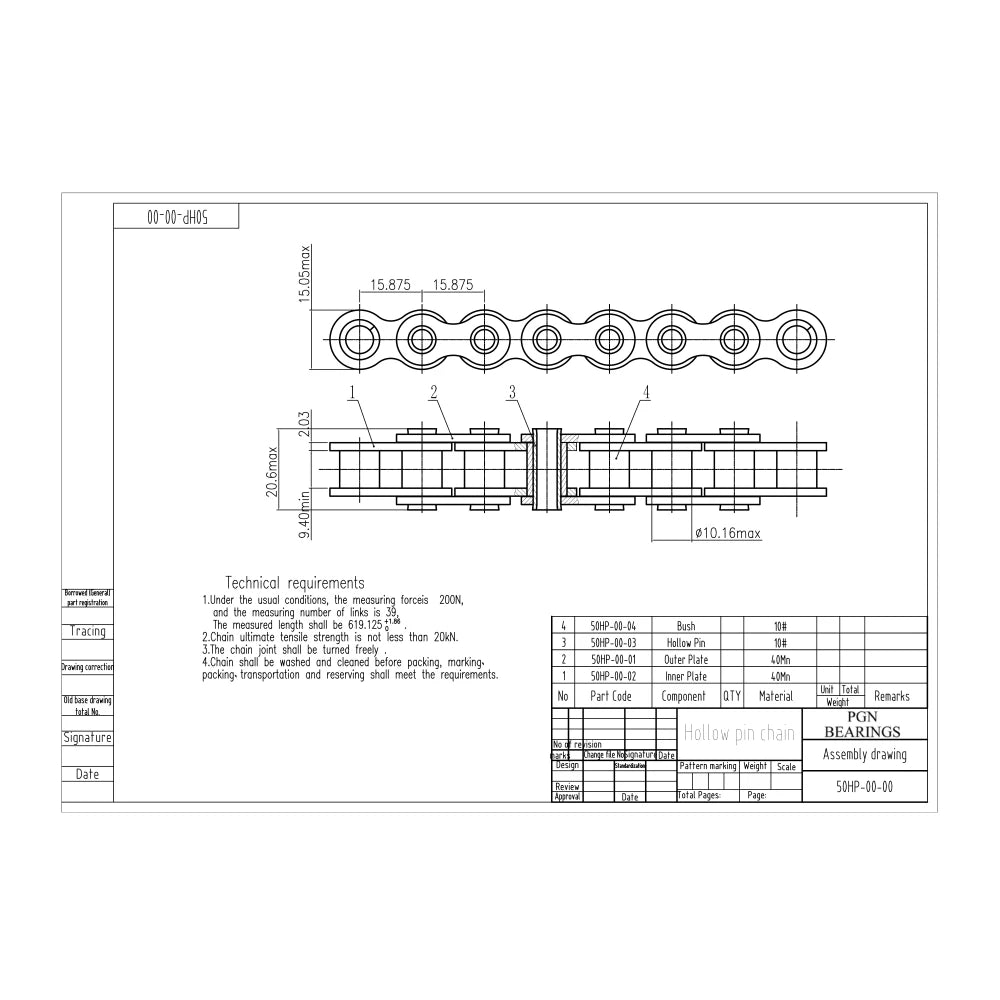 #50HP Hollow Pin Roller Chain x 10 feet + 2 Connecting Link