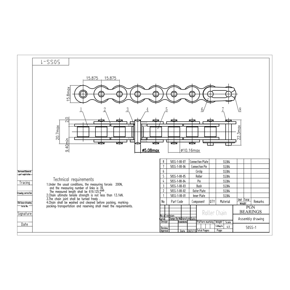 #50SS Stainless Steel Roller Chain x 10 feet + 2 Free Connecting Links