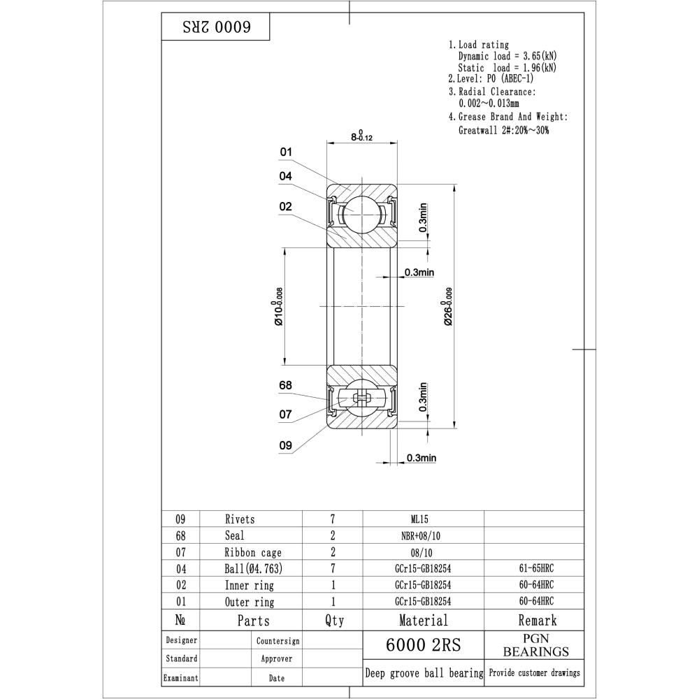 6000-2RS Ball Bearing - C3 Clearance - 10x26x8