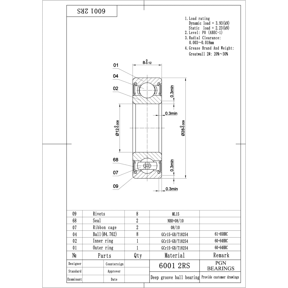 6001-2RS Ball Bearing - C3 Clearance - 12x28x8