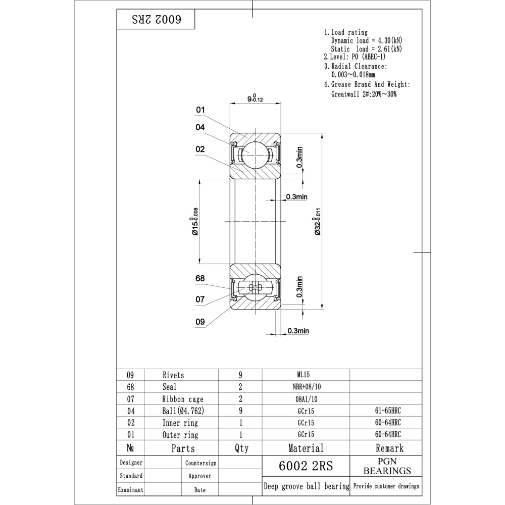 6002-2RS Ball Bearing - C3 Clearance - 15x32x9