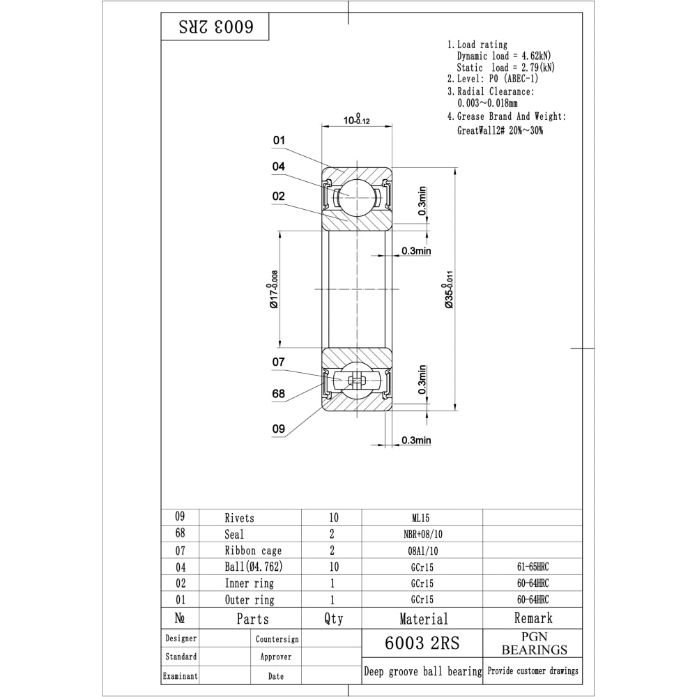 6003-2RS Ball Bearing - C3 Clearance - 17x35x10