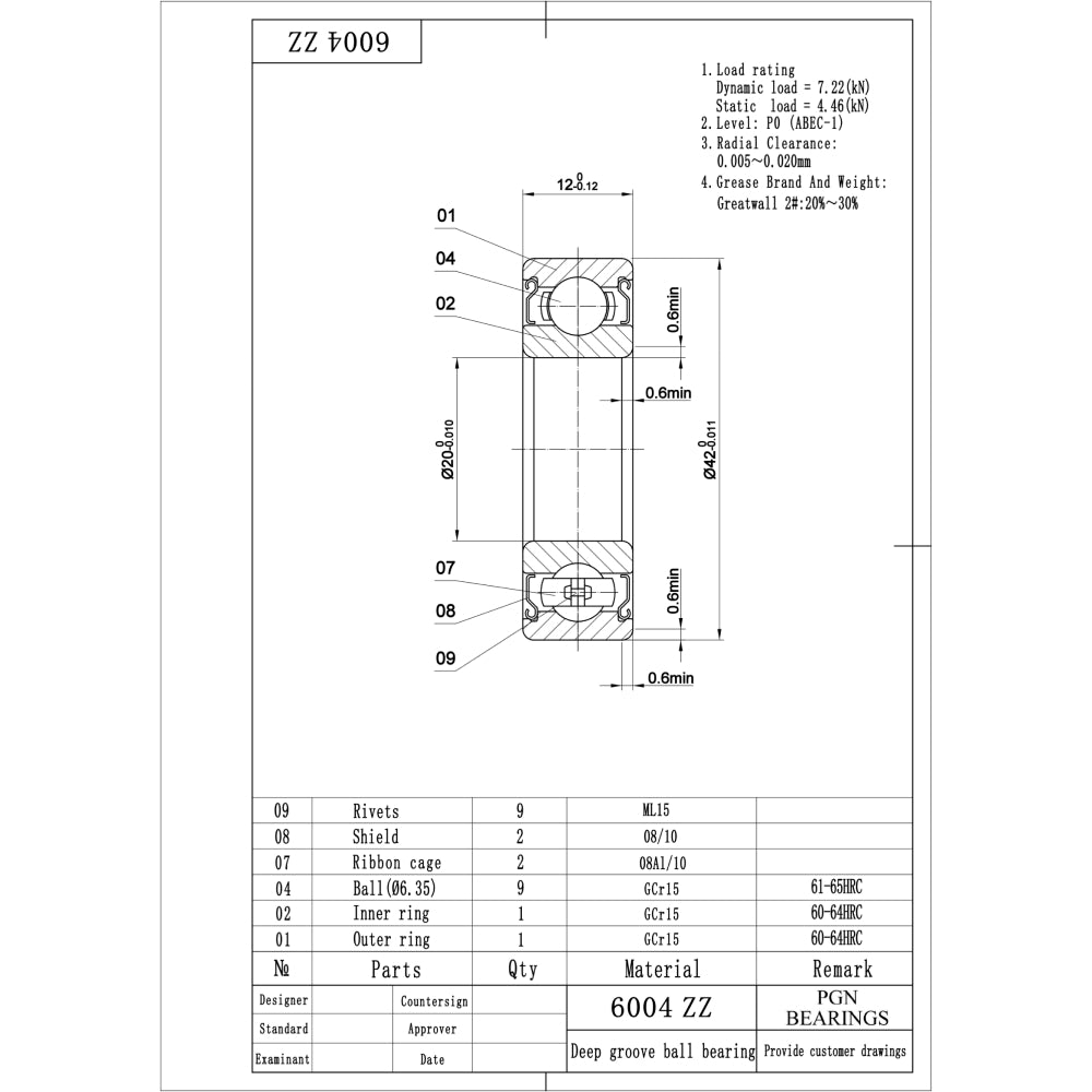 6004-ZZ Ball Bearing - C3 Clearance - 20x42x12