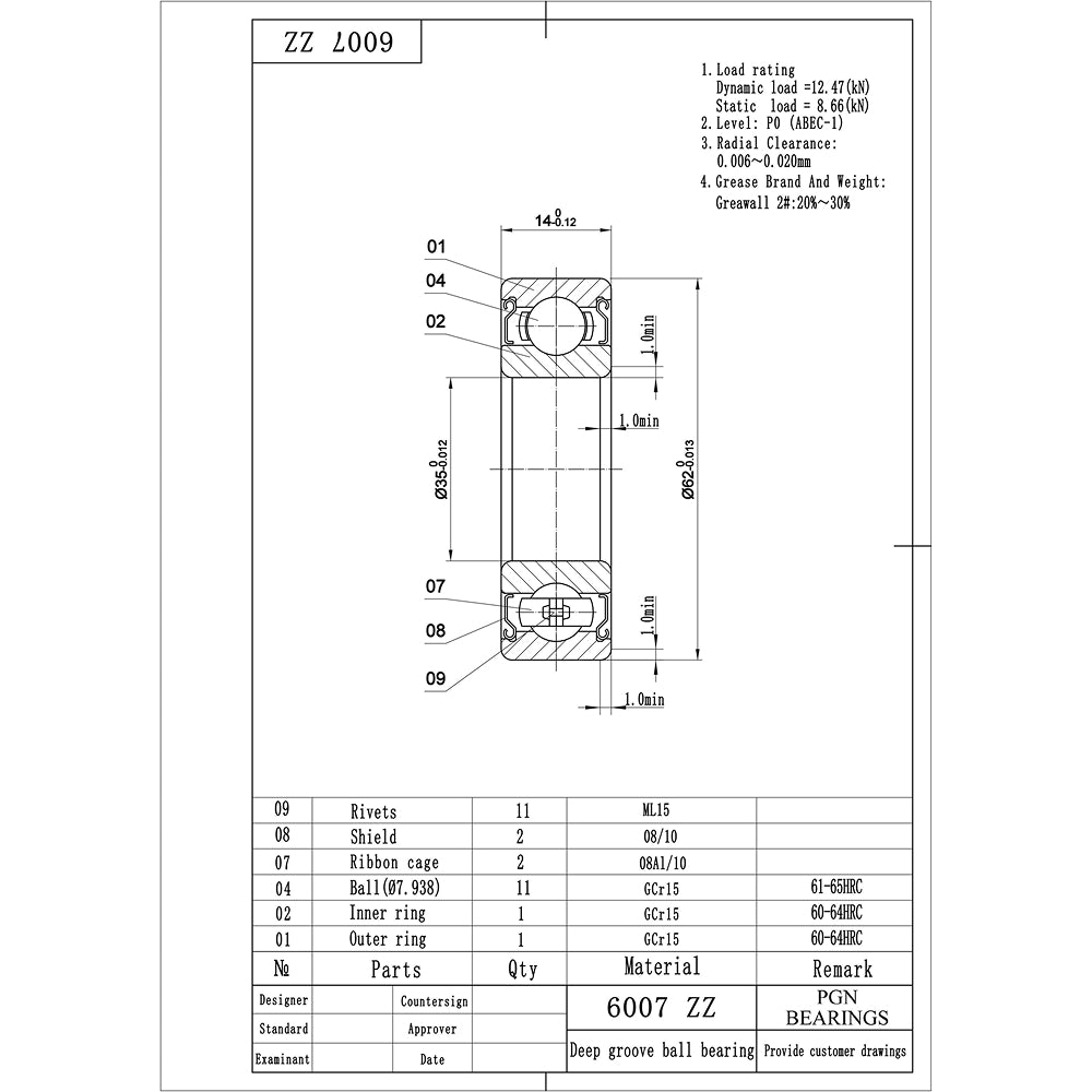 6007-ZZ Ball Bearing - Lubricated Chrome Steel Sealed - 35x62x14