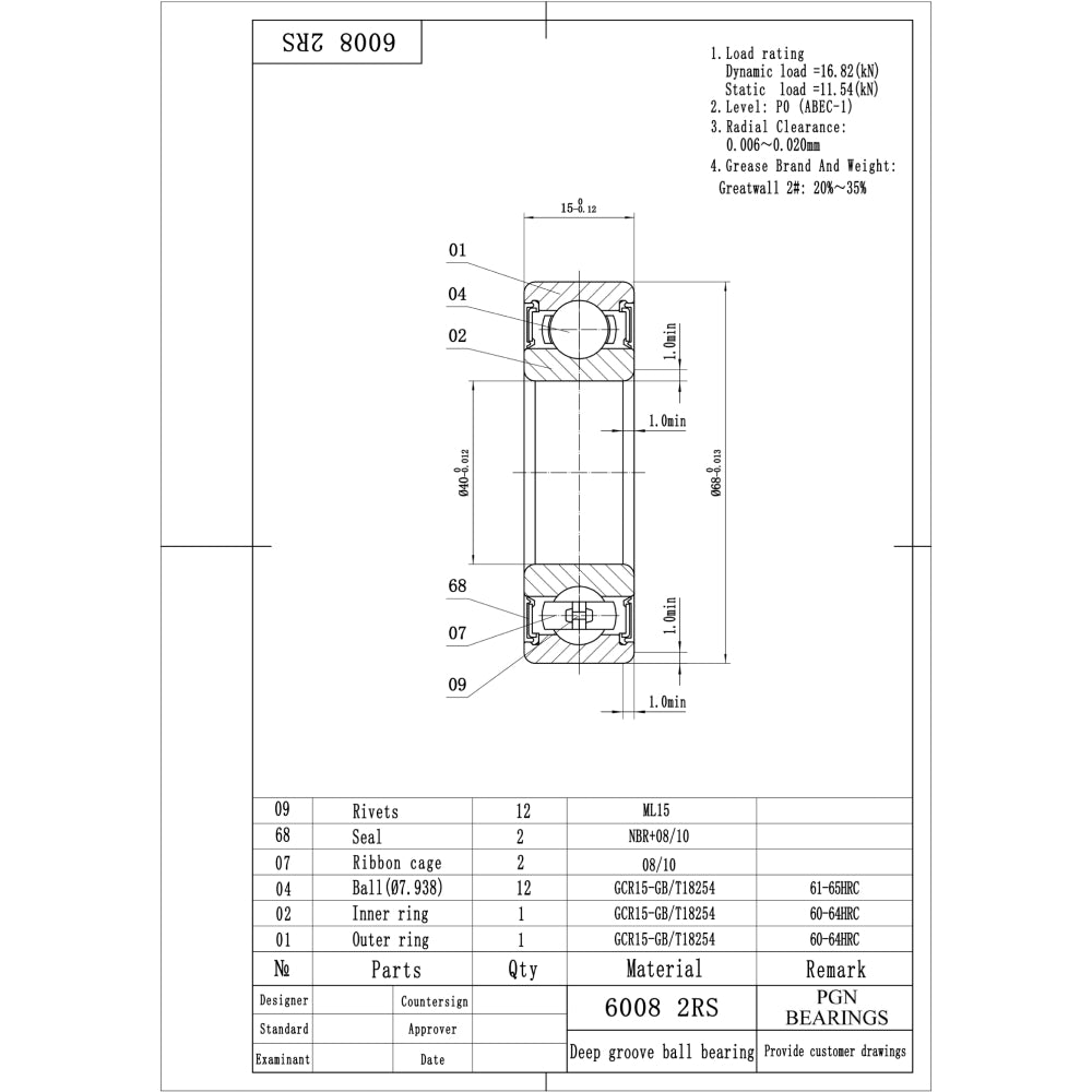 6008-2RS Ball Bearing - C3 Clearance - 40x68x15