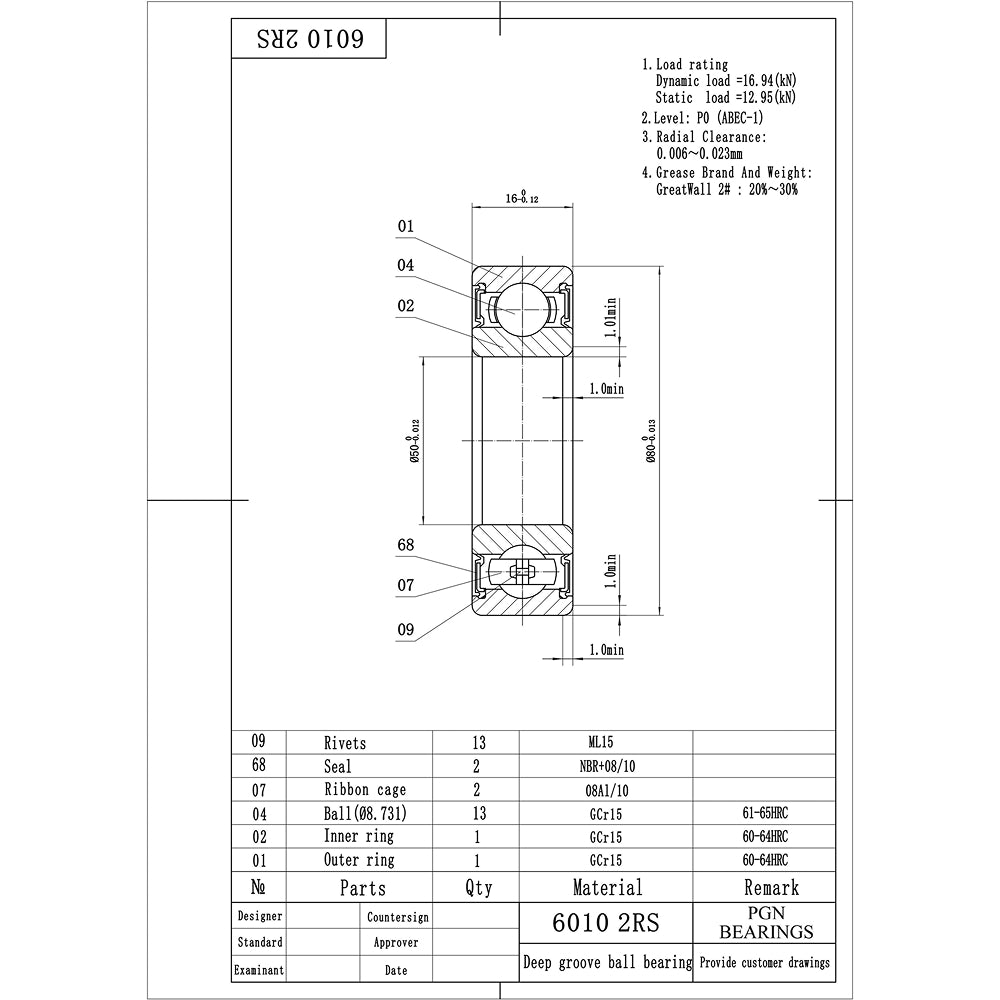 6010-2RS Ball Bearing - Lubricated Chrome Steel Sealed - 50x80x16