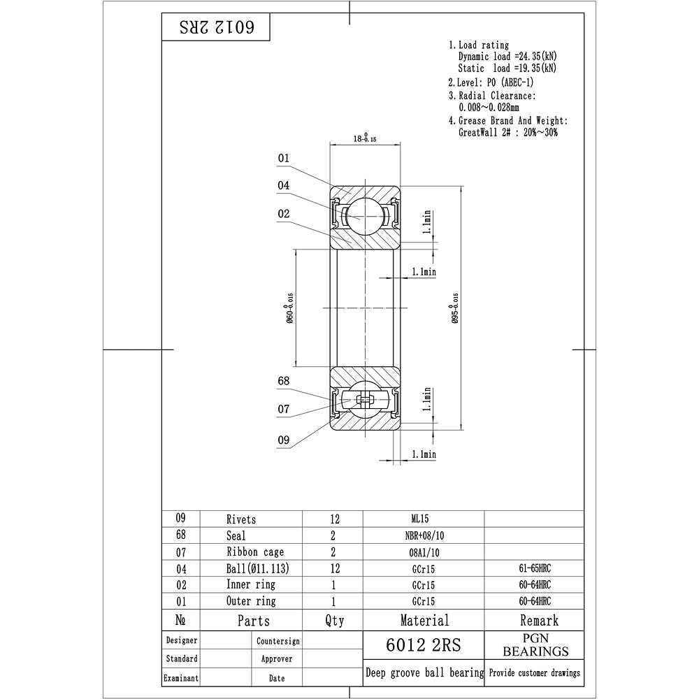 6012-2RS Ball Bearing - Lubricated Chrome Steel Sealed - 60x95x18