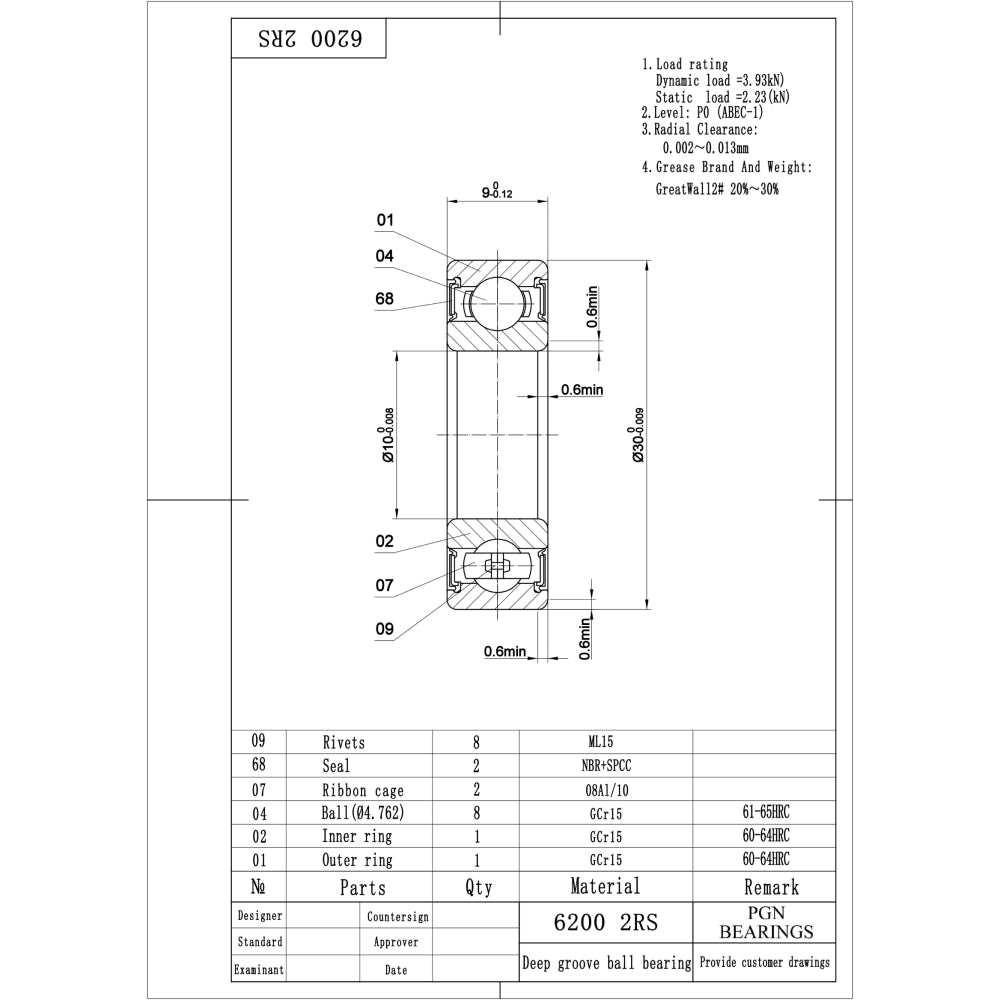 6200-2RS Ball Bearing - C3 Clearance - 10x30x9