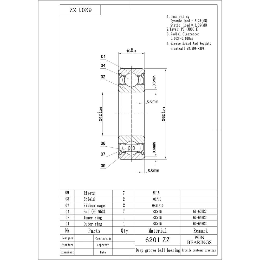 6201-ZZ Ball Bearing - C3 Clearance - 12x32x10