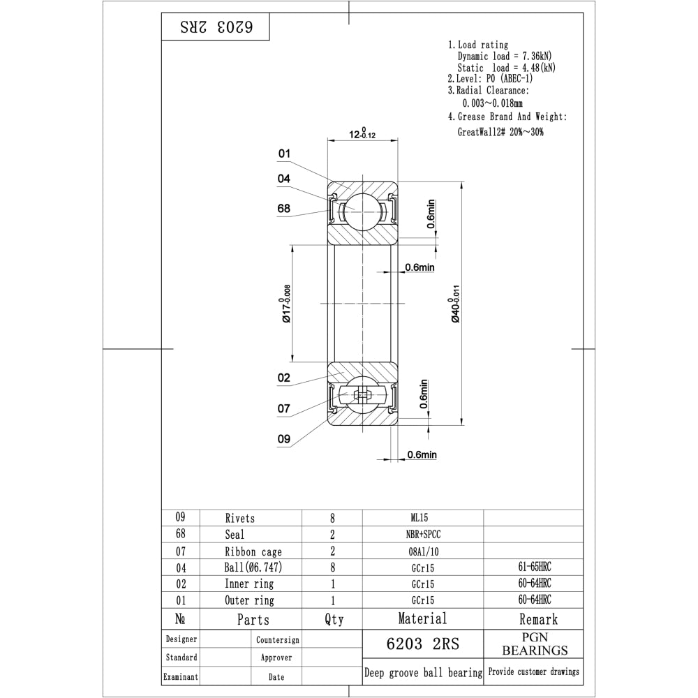 6203-2RS Ball Bearing - C3 Clearance - 17x40x12