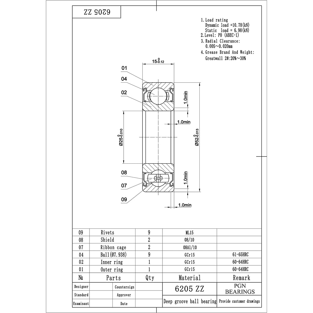 6205-ZZ Ball Bearing - C3 Clearance - 25x52x15