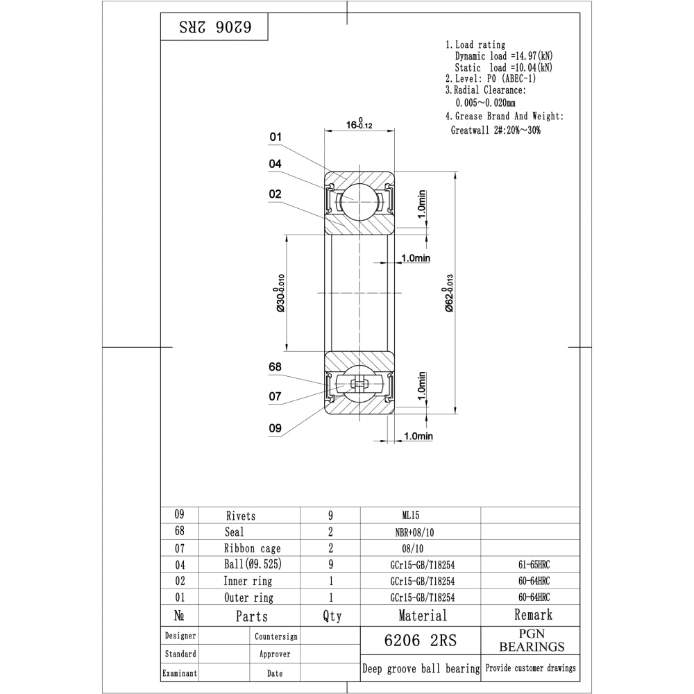 6206-2RS Ball Bearing - C3 Clearance - 30x62x16