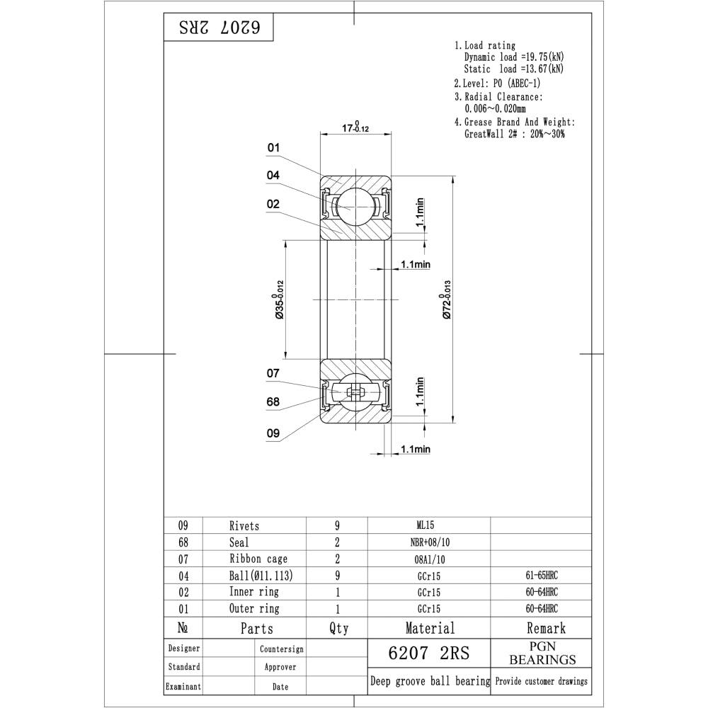 6207-2RS Ball Bearing - C3 Clearance - 35x72x17