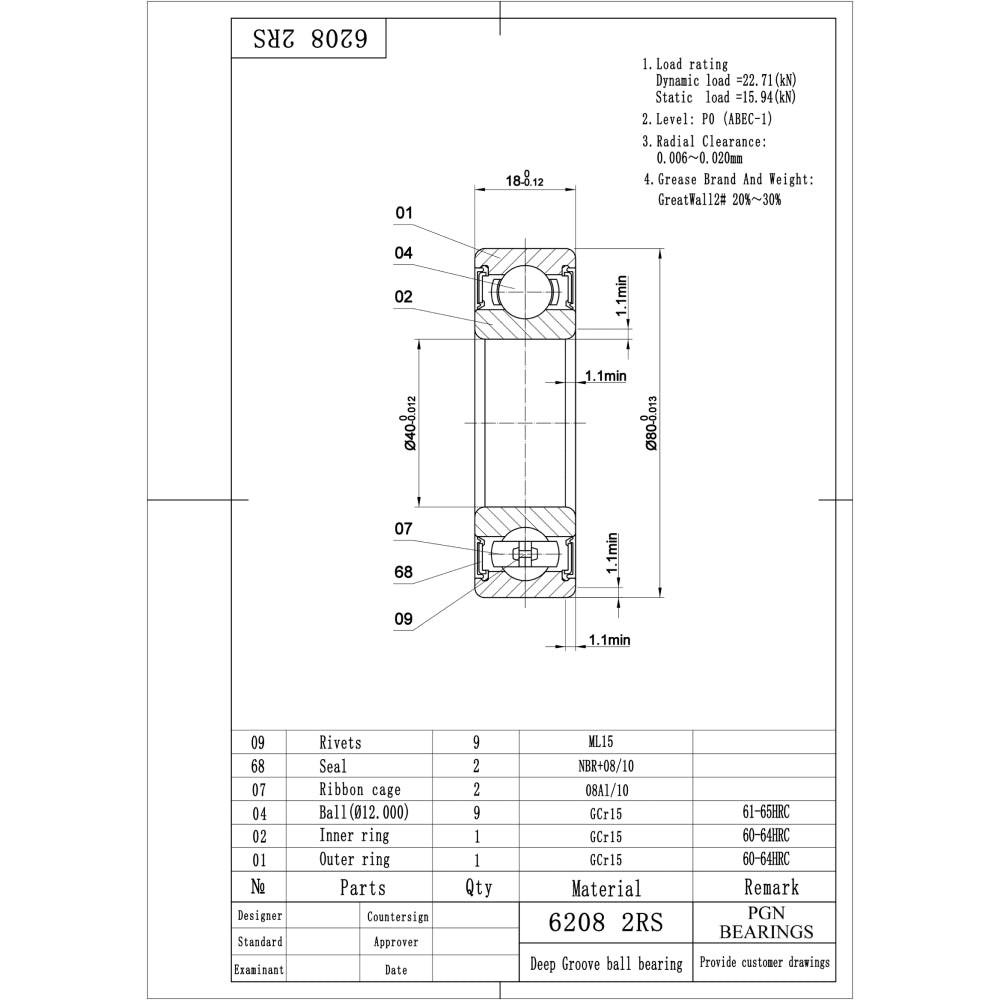 6208-2RS Ball Bearing - Lubricated Chrome Steel Sealed - 40x80x18