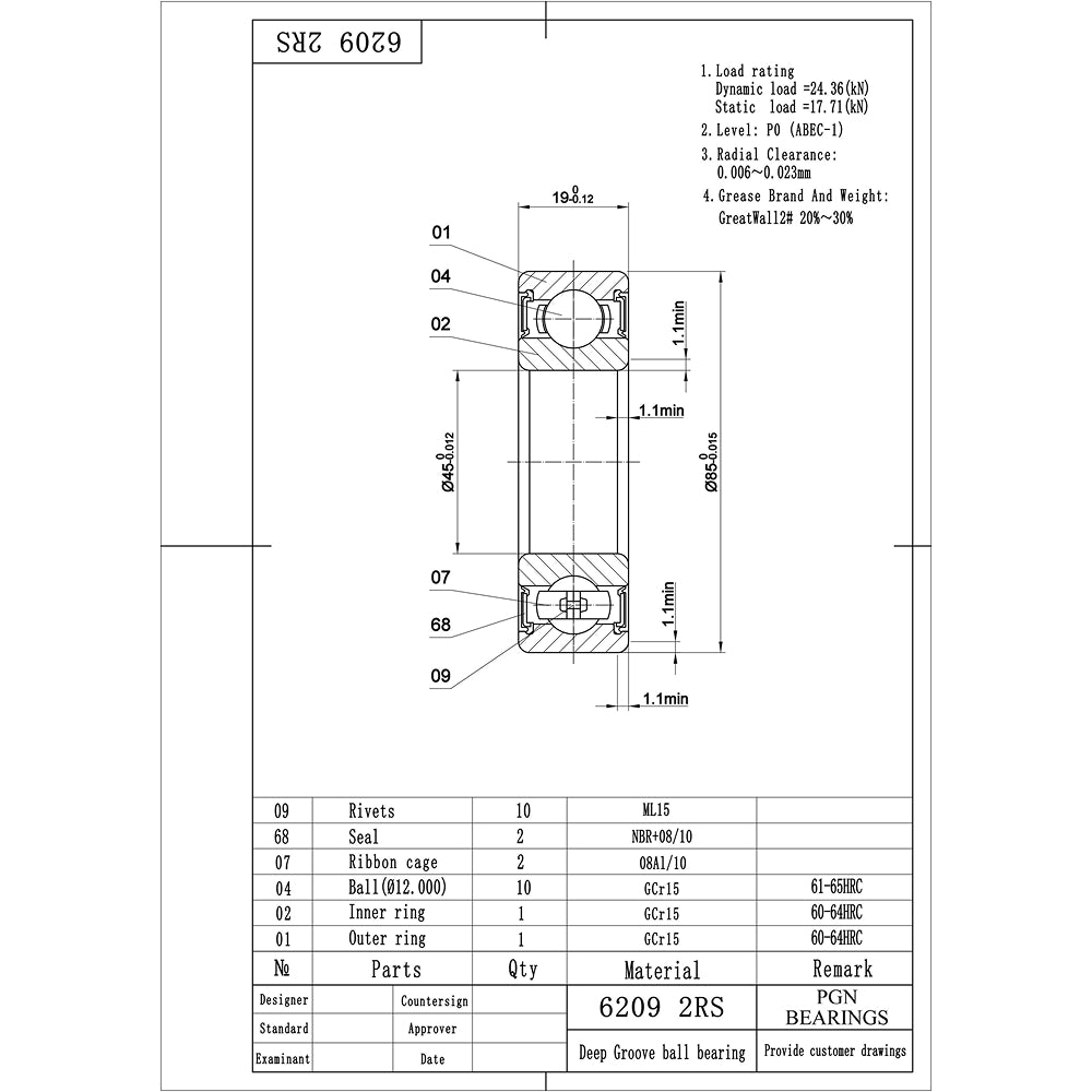 6209-2RS Ball Bearing - Lubricated Chrome Steel Sealed - 45x85x18