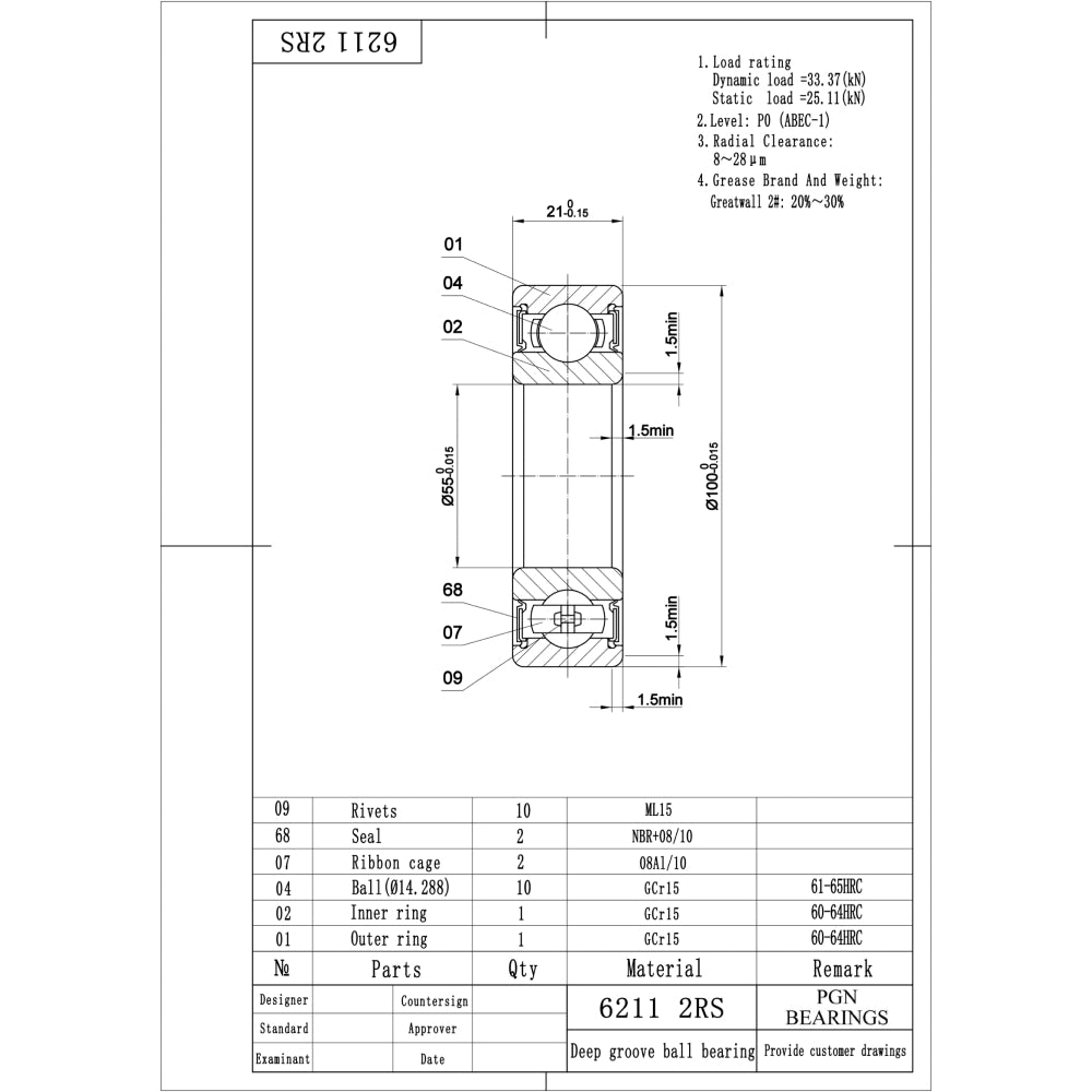 6211-2RS Ball Bearing - Lubricated Chrome Steel Sealed - 55x100x21