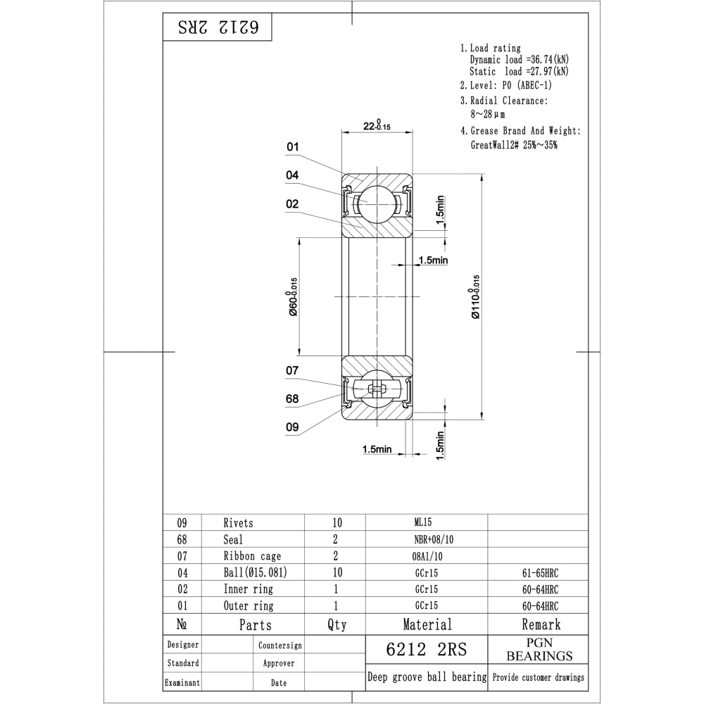 6212-2RS Ball Bearing - Lubricated Chrome Steel Sealed - 60x110x22