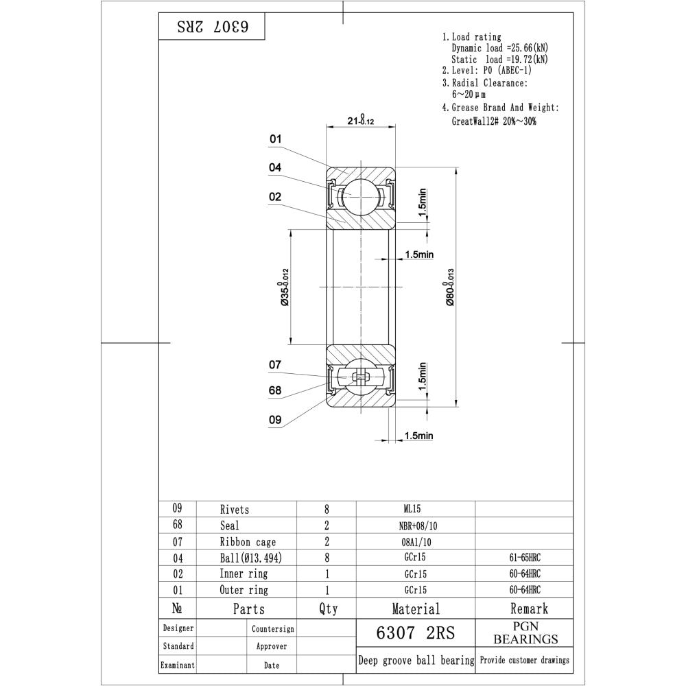 6307-2RS Ball Bearing - Lubricated Chrome Steel Sealed - 35x80x21