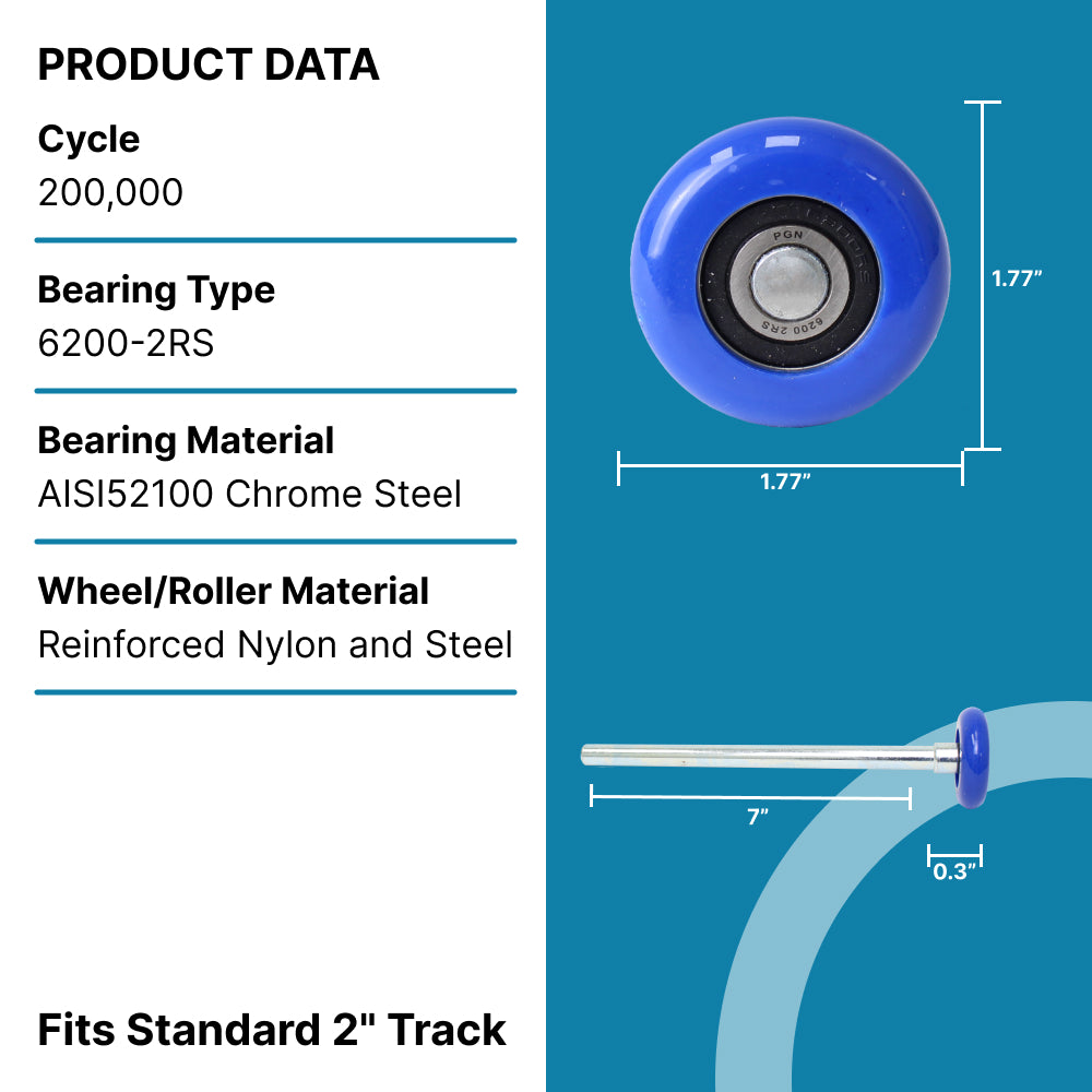 2" Nylon Blue Garage Door Rollers 10 Pack - 7” Carbon Steel Stem