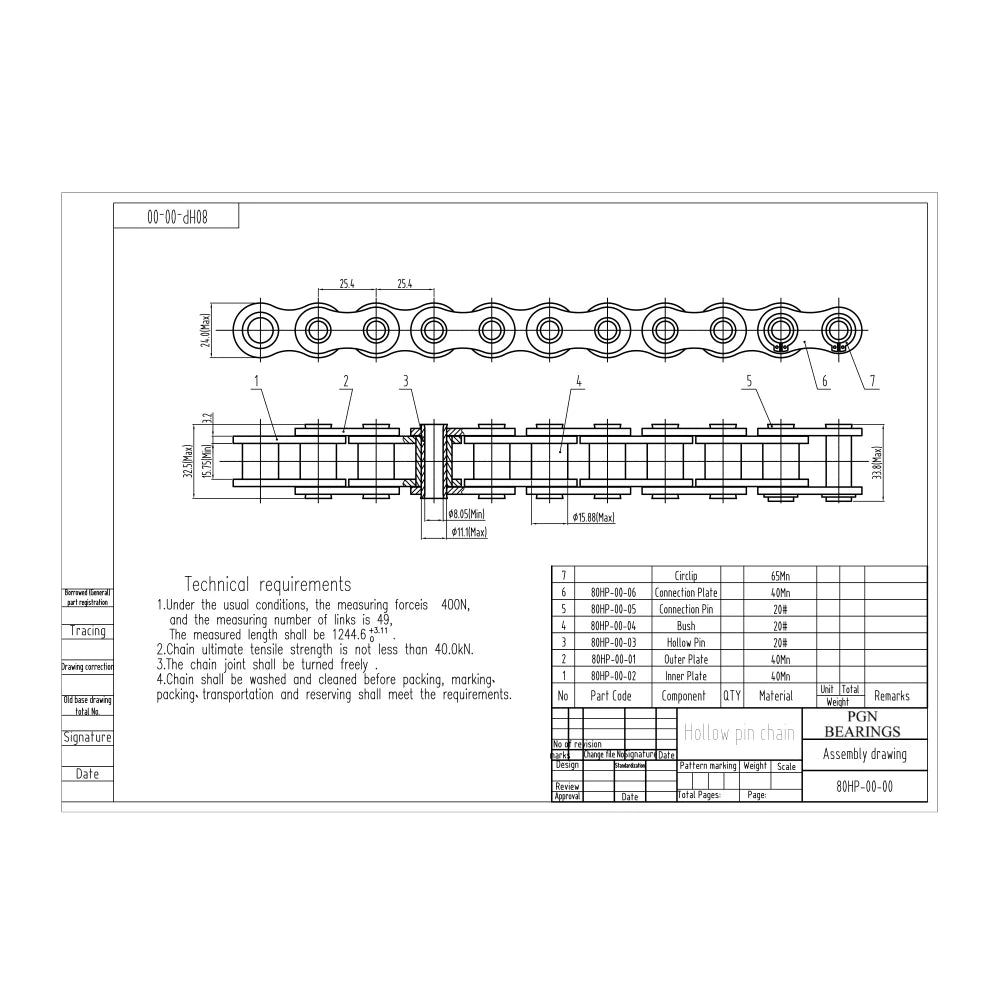#80HP Hollow Pin Roller Chain x 10 feet + 2 Connecting Link