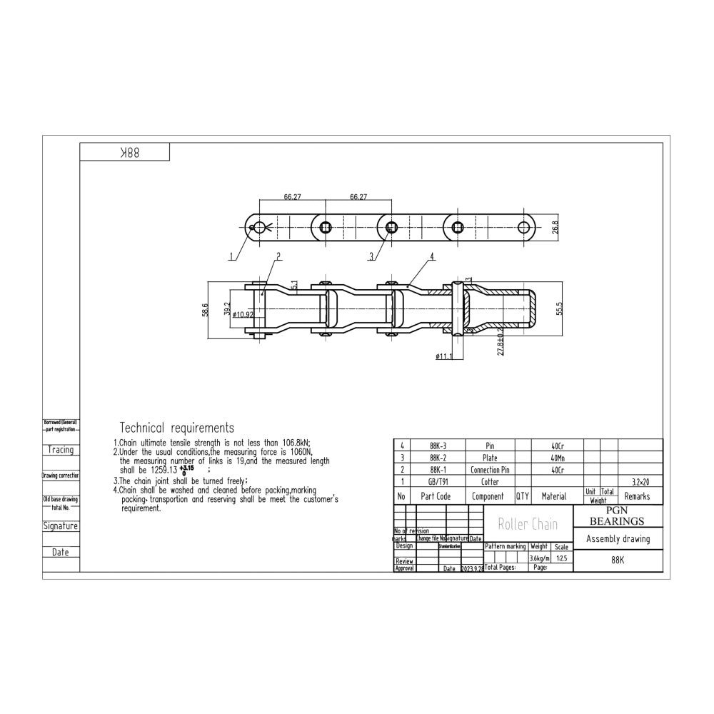 88K Pintle Chain x 10 Feet + 2 Connecting Links