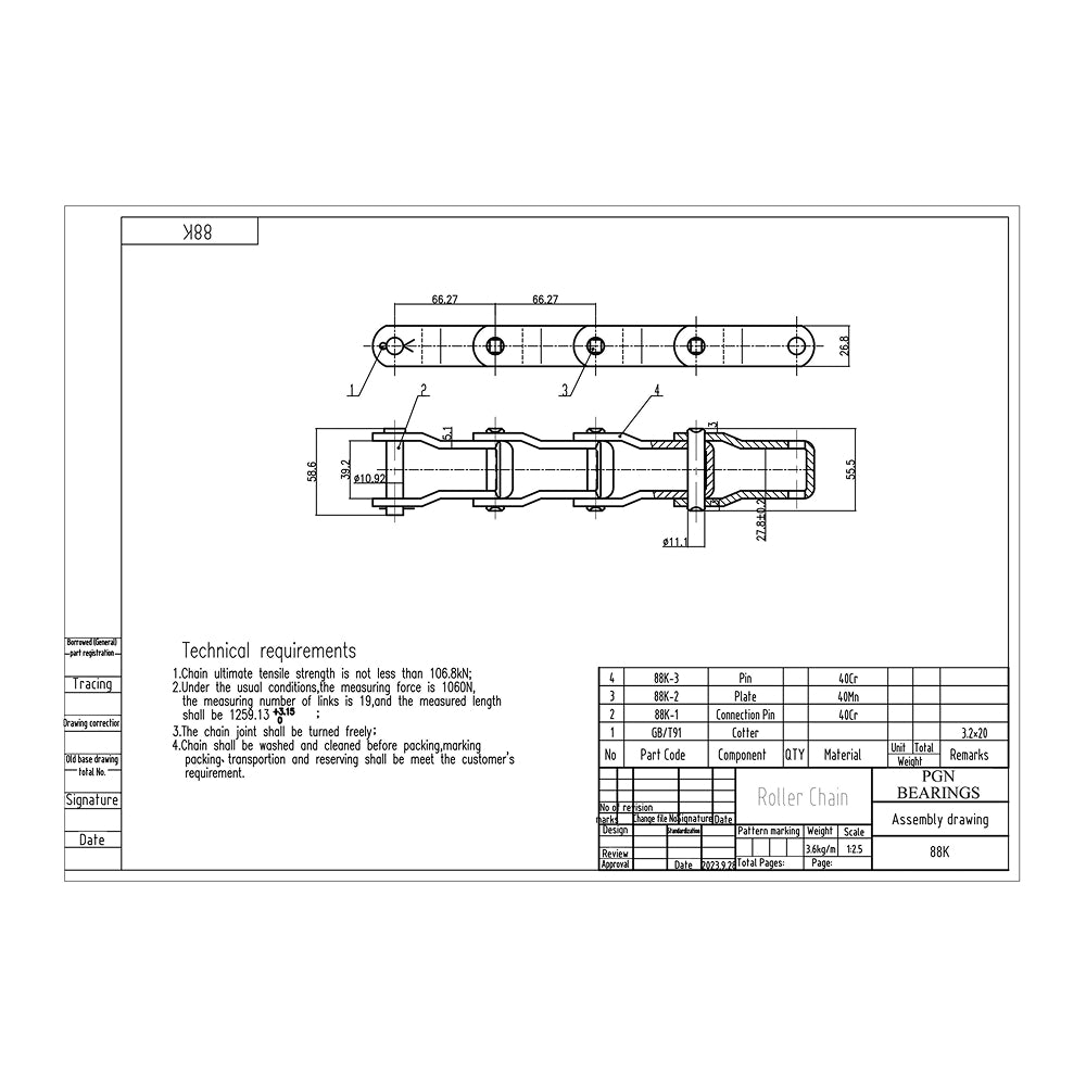 88K Pintle Chain x 10 Feet + 2 Connecting Links