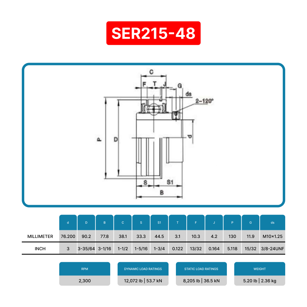 SER215-48 - 3" Bore - Insert Ball Bearing With Snap Ring and Set Screws - ER48 ER-48 ER215-48